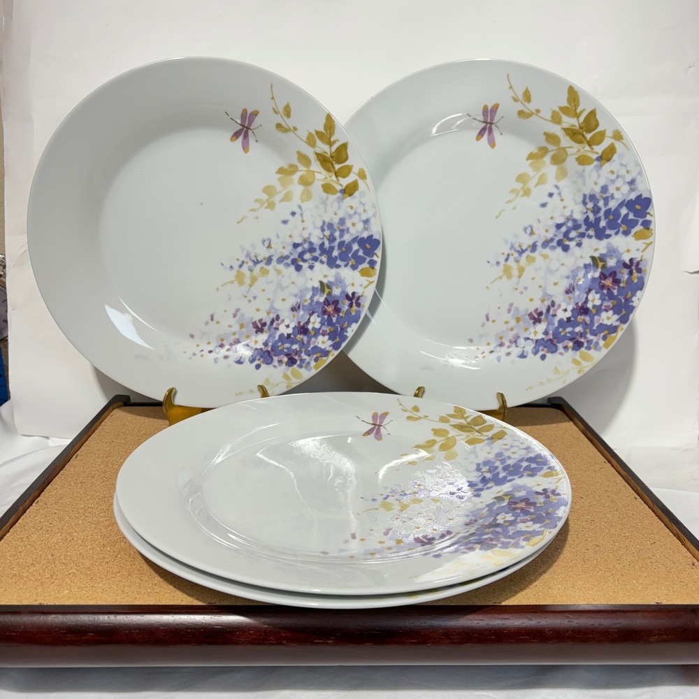 Gibson Everyday Wisteria Dragonfly Dinner Plates Set of 4 Purple Floral 90s
